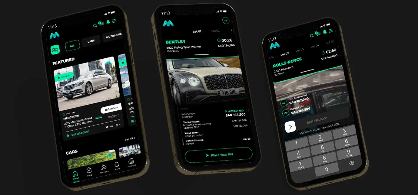 Mobile phones showing the Mazadak auction app